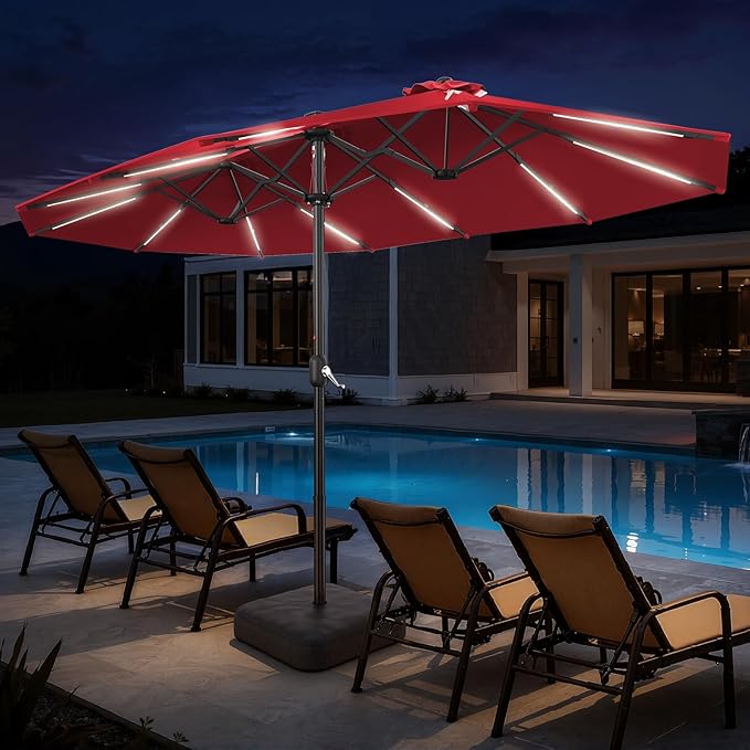 HOMSHADE 15FT Double Sided Umbrella with Light Bar and Base, Rectangle Oversized Patio Umbrellas, Extra Large Outdoor Table Umbrella for Pool, Patio, Garden (Burgundy Red)