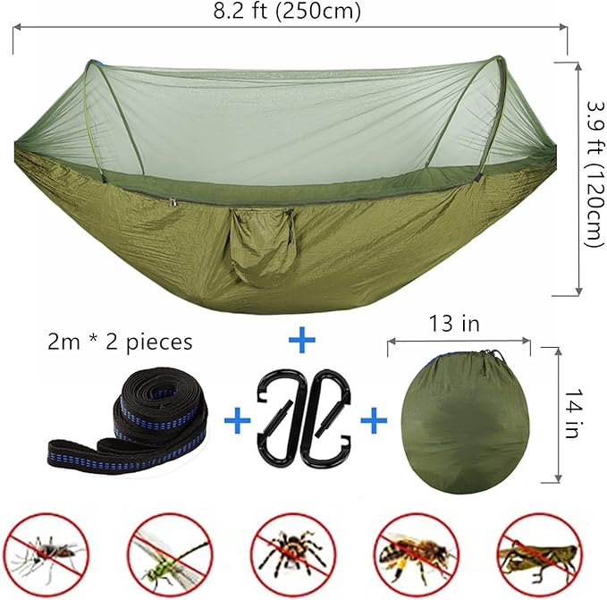 LFL Camping Hammock with Mosquito Net, Hammocks with 13ft Tree Straps Carabiners, Automatic Quick Open Outdoor Portable Hammock with Net, Nylon Parachute Material Outside Hiking Gear (Green)