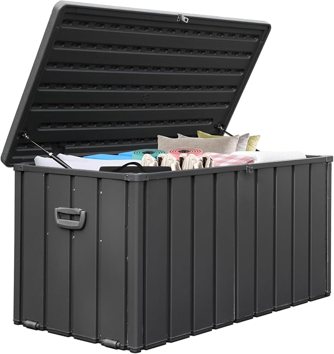 Domi Deck Box Outdoor Storage Box 100 Gallon, Large Metal Storage Cabinet with Resin Lid, Waterproof Lockable Patio Storage Box for Cushions Garden Tools Pool-Supplies, Dark Grey