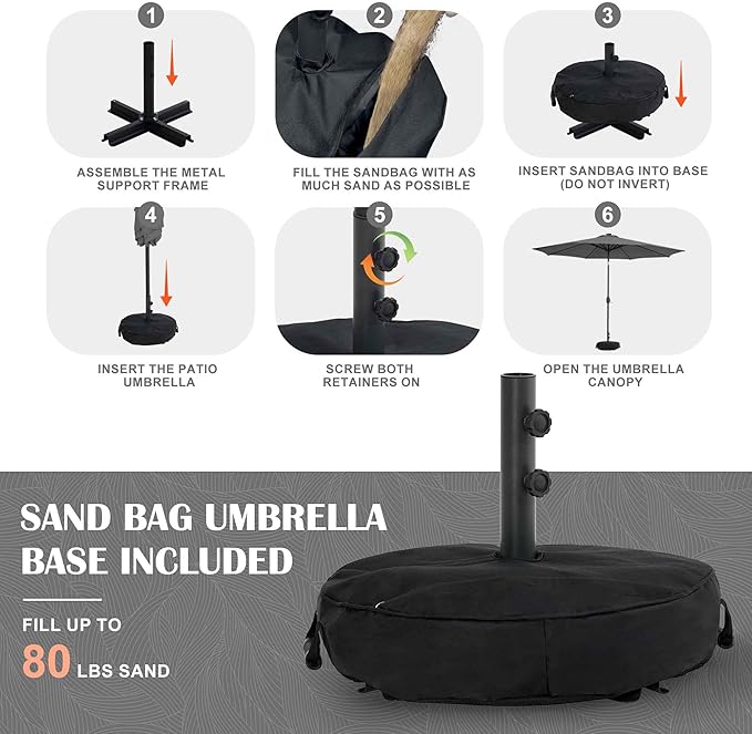 Sundale Outdoor Solar 88 LED 10 ft Patio Umbrella with Sand Bag Umbrella Base, Outdoor Umbrella with Tilt and Crank, Dark Grey