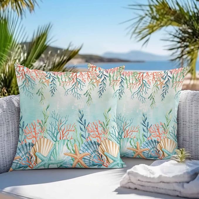 Throw Pillow Covers 24x24 Inch Set of 2, Ocean Starfish Seaweed Waterproof Outdoor Pillow Covers, Summer Coastal Beach Shell Coral Teal Decorative Cushion Pillowcases for Couch, Sofa, Bed, Patio