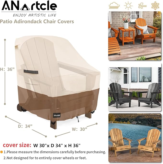 ANartcle Patio Adirondack Chair Cover 2 Pack,600D Waterproof Heavy Duty Outdoor Chair Covers,Adirondack Chair Covers(30W x 34D x 36H inches),Patio Furniture Covers,Beige&Brown