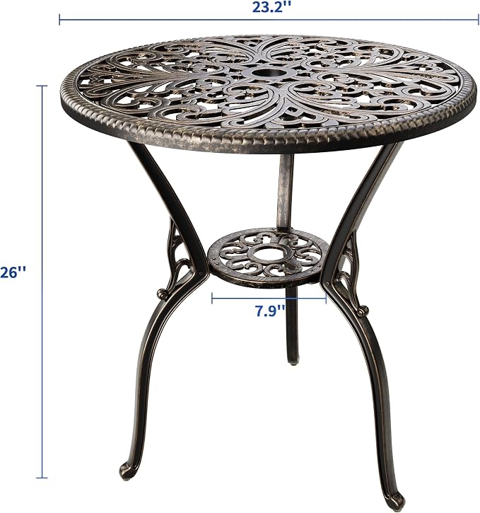 Garvee 23" Round Patio Dining Table with Umbrella Hole,Antique Cast Aluminum Outdoor Bistro Table,Umbrella Table,Side Table,End Table,Outdoor Furniture for Backyard,Garden,Patio,Porch,Bronze