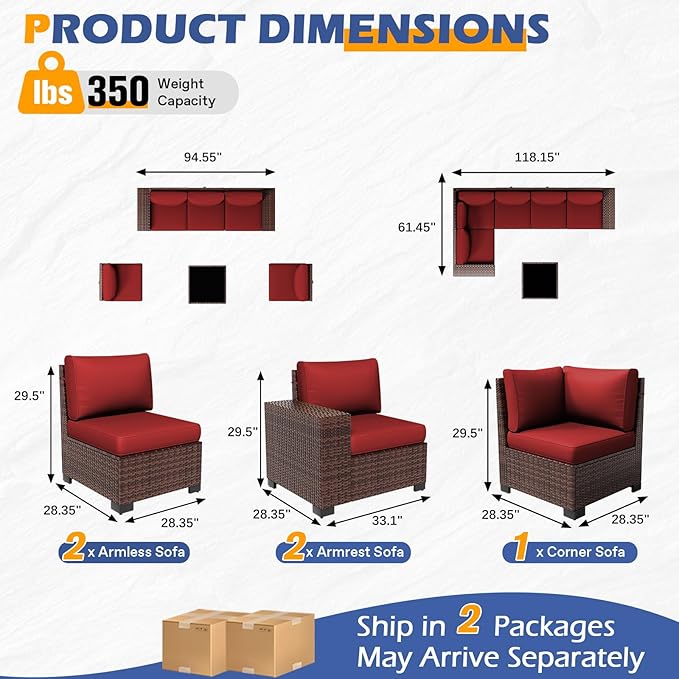 6 Pieces Outdoor Patio Furniture Set with Table Brown Rattan Sectional Sofa Conversation Sets for Balcony Lawn and Garden (Wine, 6 pcs w/Table)