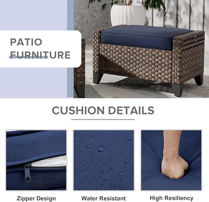 COOS BAY Modern Wicker Outdoor Furniture Set, 3 Piece Patio Conversation Set with a Loveseat and 2 Ottomans, 3 Piece, Brown/Blue