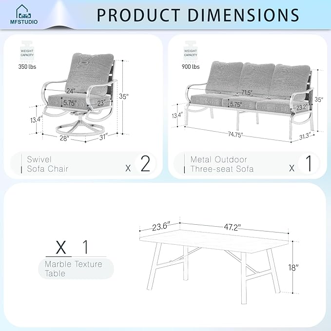 MFSTUDIO 4 Pieces Patio Conversation Sets(5 Seat), Outdoor Metal Furniture Sofa Set with 1 Loveseat(3 Seat), 2 Swivel Chairs, 1 Coffee Table, Steel Frame Patio Set with Burgundy Red Cushion for Patio