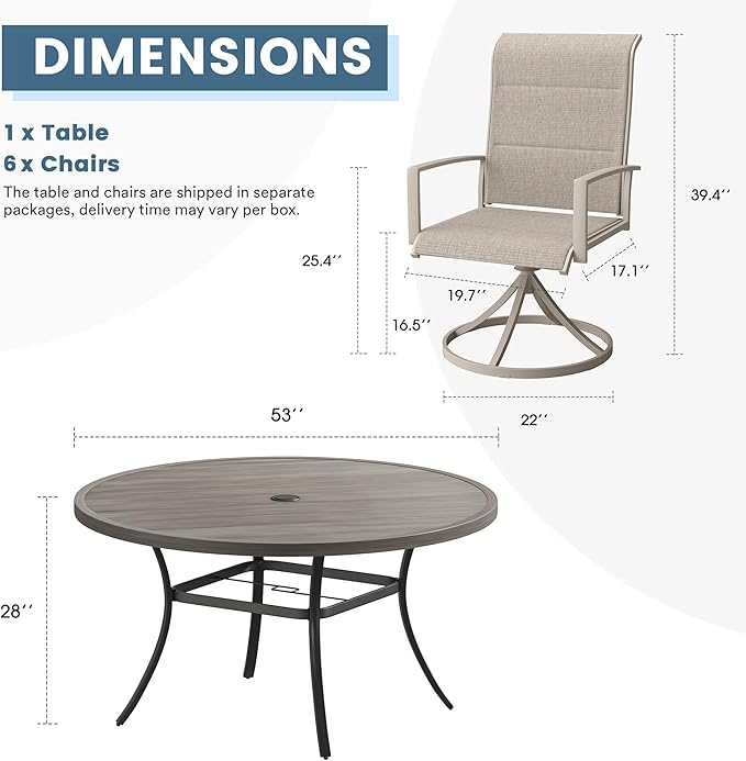 DIFY 7 Piece Outdoor Patio Dining Set for 6, 53" Grey Wood-Like Round Metal Dining Table and Swivel Patio Chairs with Sandshell Padded Textilene, All-Weather Outdoor Furniture Set for Garden Backyard