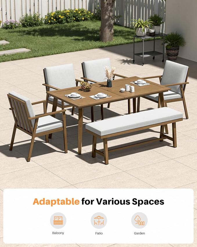 Teak Outdoor Patio Bench for 2 Person, Never-Rust Aluminum 57'' Backless Outdoor Bench with Removable Cushion, Weather-Resistant Outside Dining Benches for Porch, Deck, Garden, Backyard