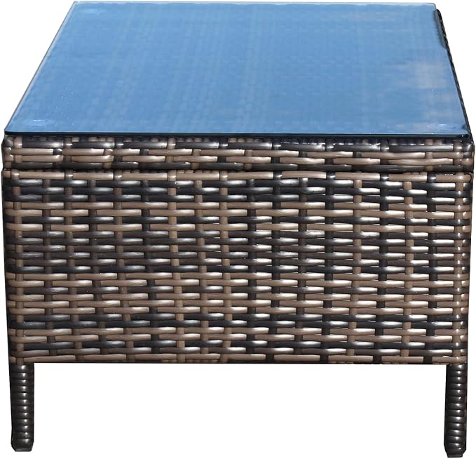 Rattan Wicker Side Table Glass Coffee Table for Outdoor Backyard Lawn Balcony Pool RectangleTempered Glass Top Wicker Rattan End Table Furniture with Storage (Brown3)