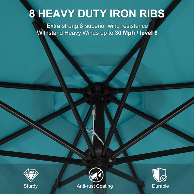 PURPLE LEAF 7.5' Round Patio Umbrella Outdoor Table Umbrella Aluminum Frame Market Umbrella with 8 Sturdy Ribs & Tilt for Garden Deck Lawn Pool Turquoise Blue