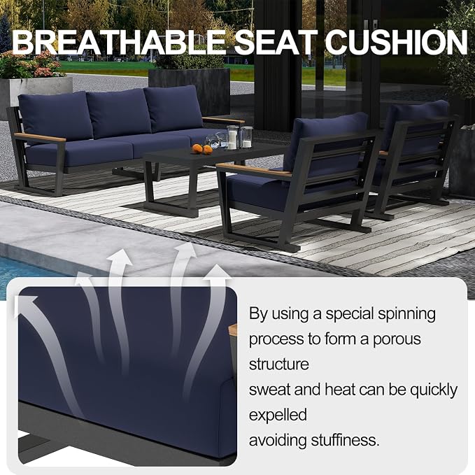 Aug-guan Aluminum Outdoor Sofa,5 Seats Modern Patio Furniture Set,Sectional Sofa Conversation Set with Coffee Table, Upgraded Washable Cushions for Garden Backyard,Blue