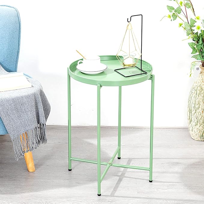 Tray Metal Round End Table Folding Small Side Table Outdoor & Indoor Coffee Table for Small Spaces Bedroom Patio,Green