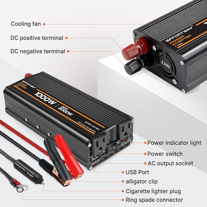 1000W Power Inverter, Inverter 12V to 110V with 2 AC Outlets, 2.1A USB Port, Car Power Inverter with Alligator Battery Clamp for Phone, Laptop on Camping, Road Trip