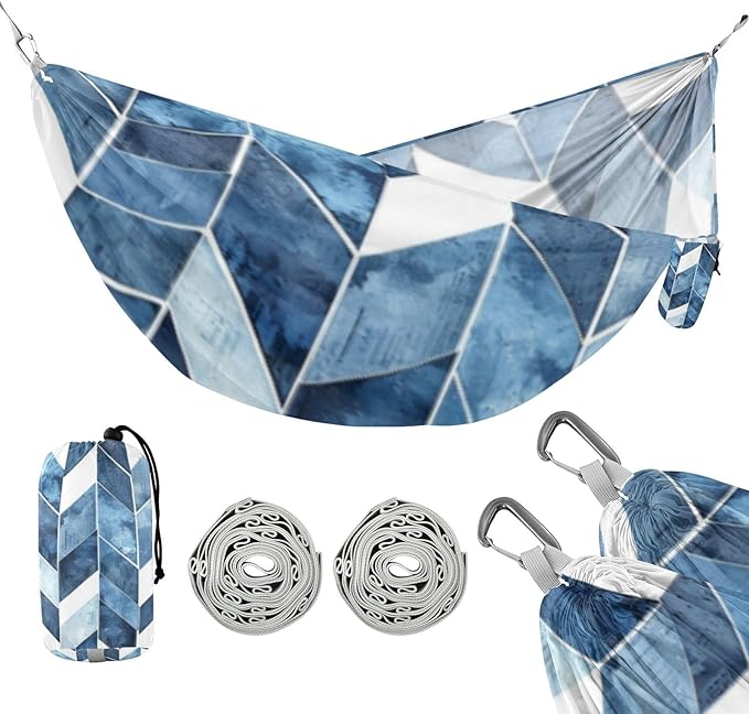 Geometric Blue White Pattern 330lb Capacity Outdoor Hammocks with Tree Straps Portable Hammock for Outside Beach Patio Garden hamacas para Patio