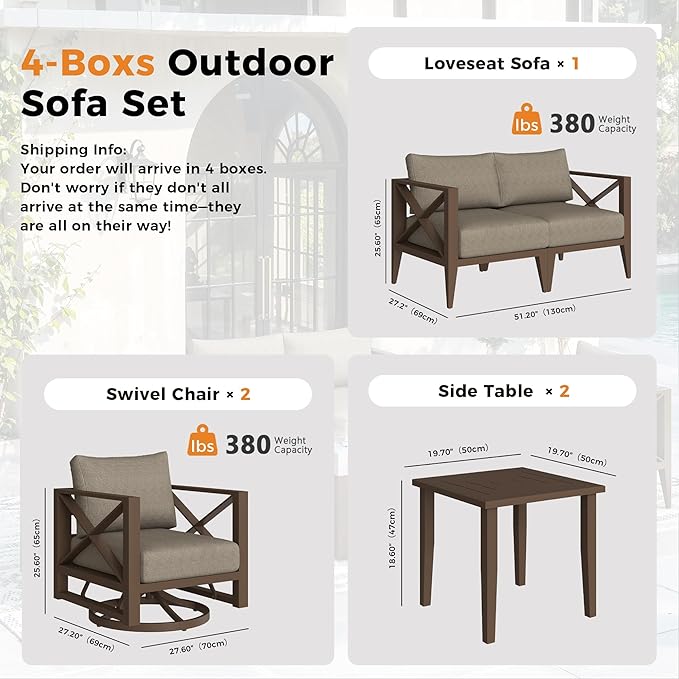 4-Seats Aluminum Outdoor Patio Furniture Set with Swivel Rocking Chairs, Sectional Conversation Sofa with 5.2" Thick Cushions & Coffee Tables, Rust-Resistant Frame for Porch, Garden, Backyard, Brown
