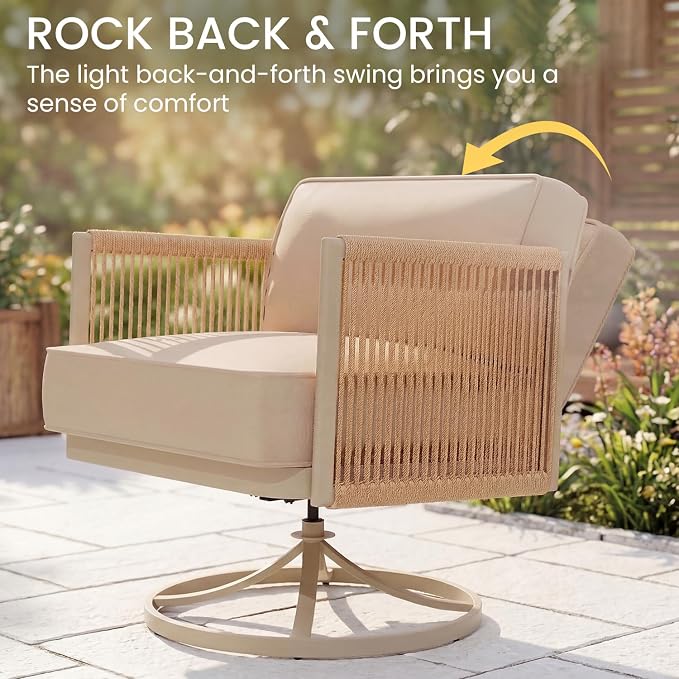EROMMY 3 Pieces Patio Furniture Set, Metal Frame Outdoor Swivel Glider Rocking Chairs with 6" Thick Cushions & Metal Table, Patio Conversation Sets for Backyard, Poolside & Balcony, Beige