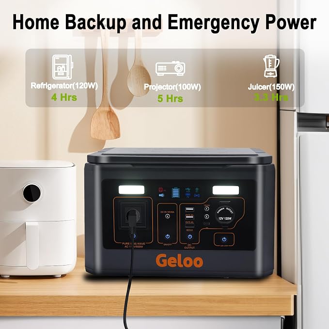 Geloo 500W Portable Solar Generator with 110V/500W AC Outlet, 135000mAh Capacity, 499Wh, Black