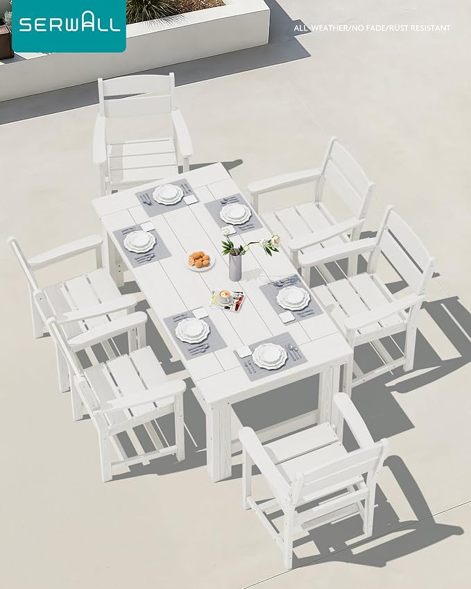 SERWALL HDPE Outdoor Dining Table and Chairs Set for 6 | with Oversized Chair Seat