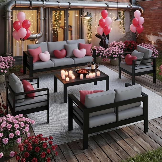 Outdoor Conversation Sets, Aluminum Patio Couch with Outdoor Coffee Table, All-Weather Metal Patio Couch with 5" Thick and Soft Cushion and Wide Arm, Outdoor Sofa Sets for Balcony, Porch, Light Gray