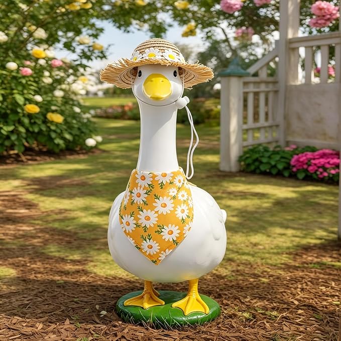 Summer Porch Goose Outfits for 23" 17" Lawn Porch Goose Statue Costume Cute Yellow Daisy Bandana and Hat for Garden Patio Statue Art Decor