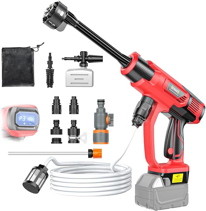 DIYtoolifz Cleaning Tool Compatible with Milwaukee 18V Battery, 2.2LBS, with 16.4ft Hose & 6-in-1 Nozzle + Attachment for Car, Patio, Fence (Battery not Included, Tool Only)