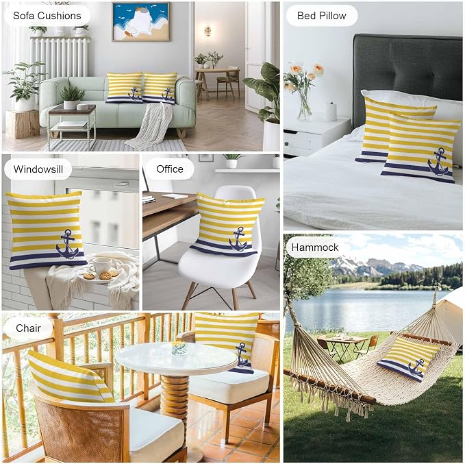 Throw Pillow Covers 18x18 Inch Set of 2, Yellow Striped Waterproof Outdoor Cushion Covers, Navy Blue Nautical Anchor Geometric Decorative Pillowcases for Couch, Sofa, Bed, Garden, Patio
