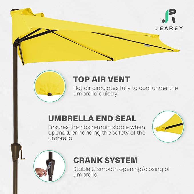 JEAREY 9ft Half Umbrella Outdoor Patio Umbrella Market Umbrellas with Crank, 1/2 Round Wall Umbrella 5 Sturdy Ribs UV Protection for Pool Garden Balcony Deck, Yellow