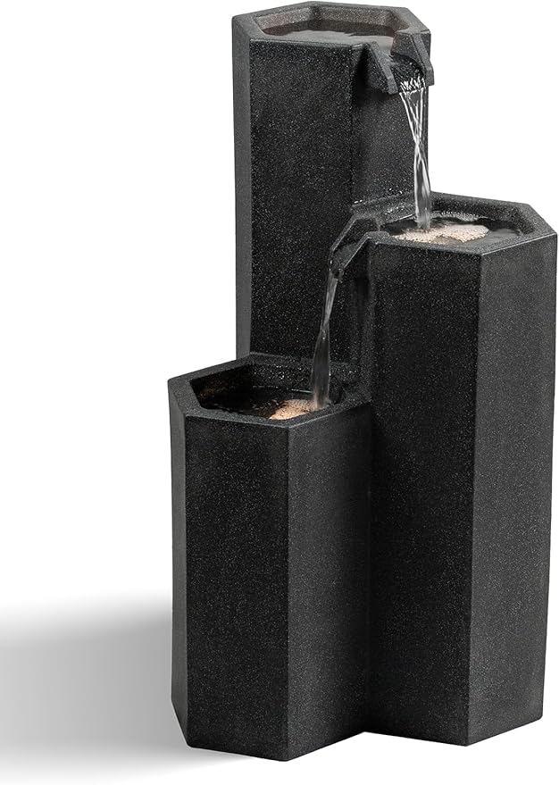 27.95“” H 3-Tiers Cascading Outdoor Water Fountain Made with Eco-Friendly Recyclable Materials, Polyethylene Waterfall Fountain, Outdoor Decor with LED Lights for Patio, Backyard