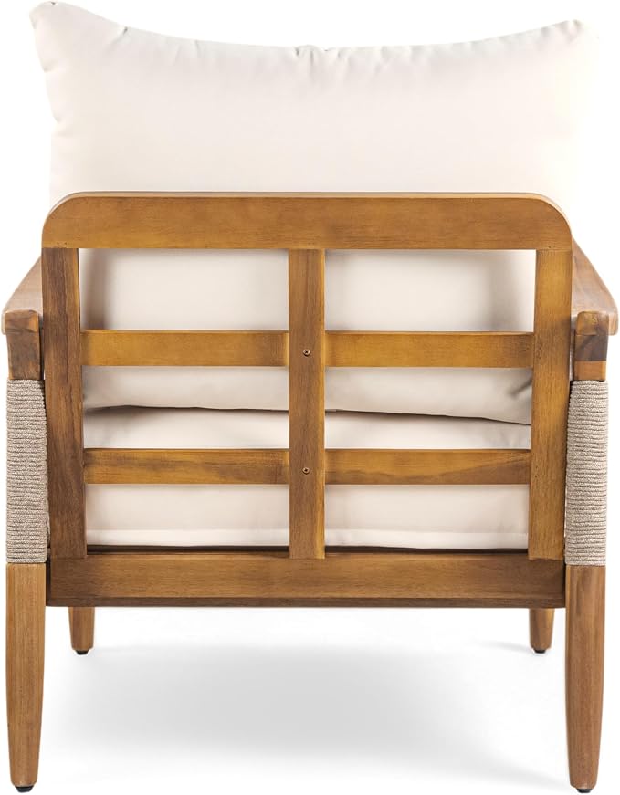 Merax 5-Piece Acacia Wood Patio Set with Rope Seats & Cushions | Teak-Finish Acacia Frame, Beige Woven Rope, Deep Seating Cushions And Coffee Table For Porch, Garden Or Backyard