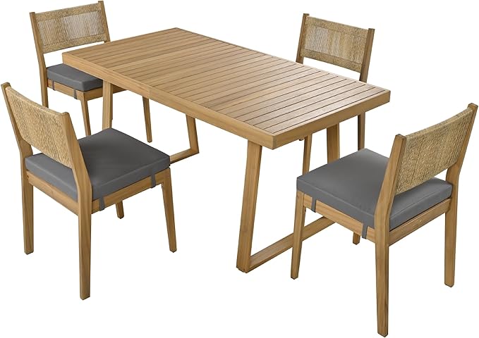 Harper & Bright Designs Multi-Person Outdoor Acacia Wood Dining Table and Chair Set, Thick Cushions, Suitable for Balcony, Vourtyard, and Garden.