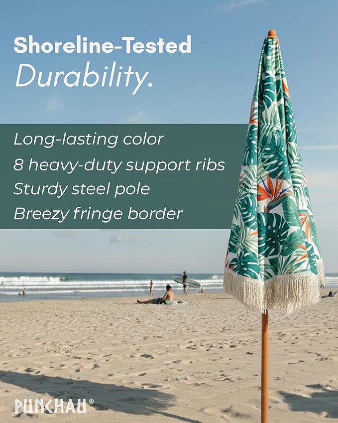 6 Ft Fringe Patio Umbrella - Outdoor Umbrella for Patio, Pool, Table, Garden, Deck, Beach, and Outdoors - Fashionable Boho Vintage Tassels & Wood Print - Push Button Tilt Pole
