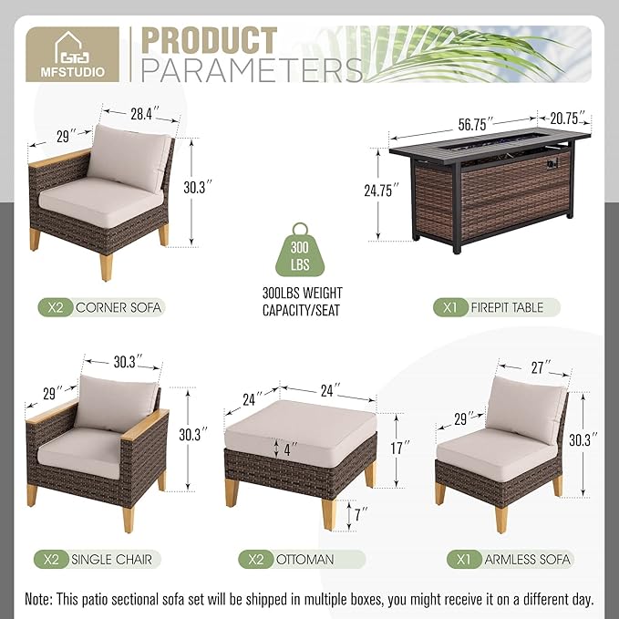 MFSTUDIO 7 Piece Wicker Patio Furniture Set with 56" Fire Pit Table, All-Weather PE Rattan Patio Sectional Sofa Conversation Set with 50000 BTU CSA Approved Fire Pit Table, Ottoman & Beige Cushion
