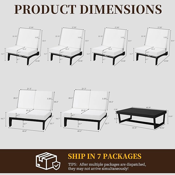 UIXE 7 Pieces All Weather Black Wood Patio Furniture Sets, 2 Patio Loveseat, 4 Patio Bistro Chair, Outdoor Sectional Sofa Furniture Backyard Conversation Set with Coffee Table - Beige