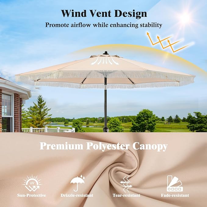 Tangkula 9Ft Patio Umbrella with Fringe, 2-Tier Outdoor Boho Umbrella with Tassels, Crank Handle, Push Button Tilt, Sun-Protective Canopy, 8 Ribs for Deck Backyard Poolside