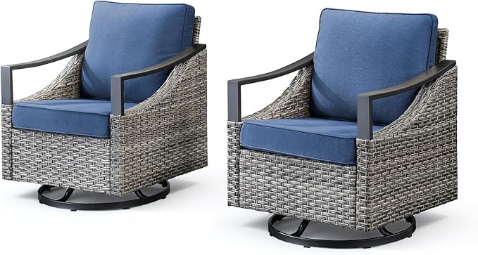Outdoor Swivel Rocker Patio Chairs-High Back Wicker Swivel Rocker Patio Chairs Set of 2,PE Wicker Chair Outdoor Patio Furniture Sets with Covered Cushions for Porch Balcony Patio Deck Grey/Blue