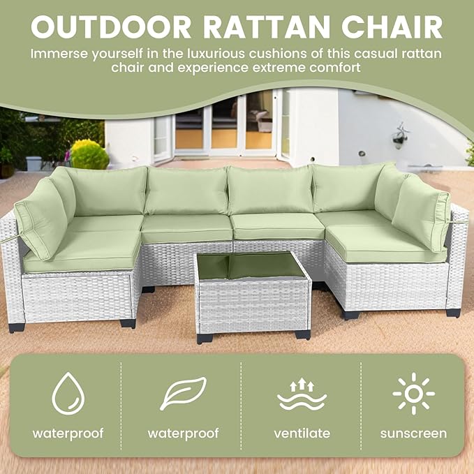 CHABATREE 7 Pieces Outdoor Patio Furniture Sets,Rattan Conversation Sectional Set,Manual Weaving Wicker Patio Sofa with Tea Table
