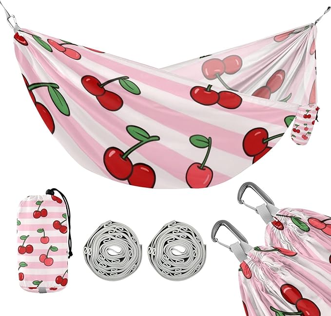 Pink White Striped Fruit Cherry 330lb Capacity Outdoor Hammocks with Hanging Rope Fabric Hammock for Outside Camping Essentials hamacas para adultos