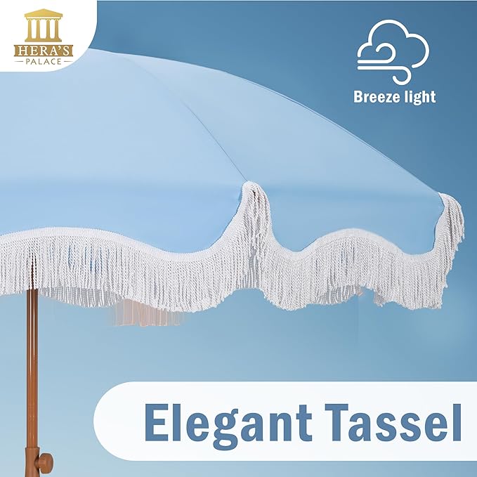 HERA'S PALACE 7ft Heavy Duty Beach Umbrella with Sand Anchor, Fringe Umbrella for Sand, UV 50+, Patio Umbrella with Tilt Pole for Garden Pool Backyard