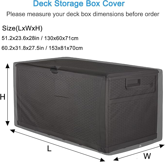Deck Box Cover 420D Outdoor Patio Waterproof Oxford Fabric Coated with Silver Dustproof Deck Storage Box Protector with Elastic Buckles on All 4 Corners Wheels Protect from Wind Rain Snow Black