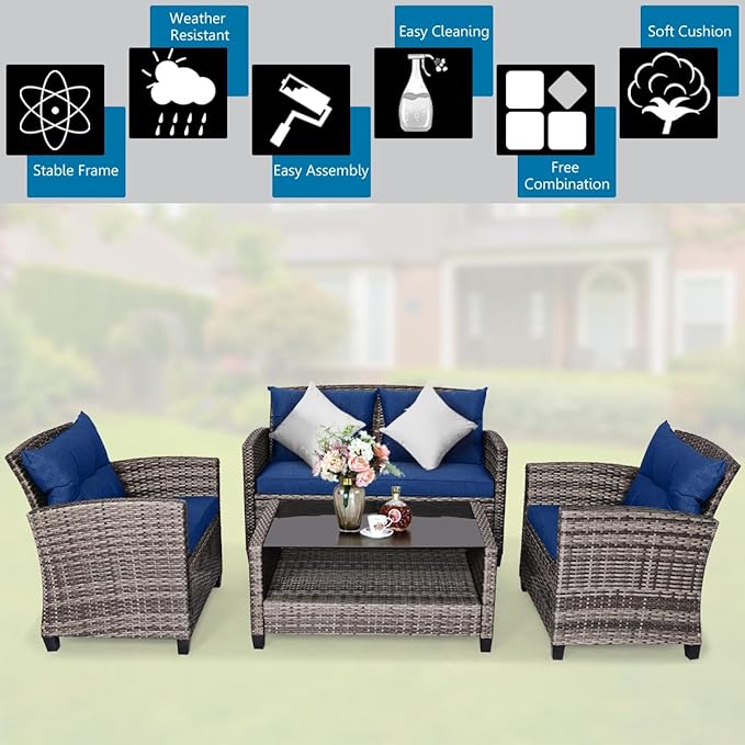 Tangkula 4 PCS Patio Wicker Conversation Furniture Set, Outdoor Rattan Sofa Set with Padded Cushion & Tempered Glass Coffee Table, Wicker Sectional Sofas & Table for Courtyard Balcony Garden (1, Navy)