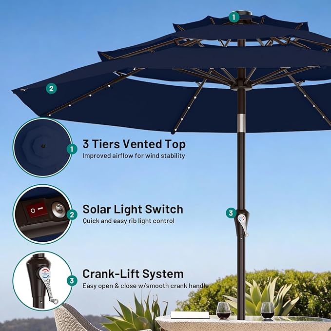AreShark 9ft 3 Tiers Patio Umbrella with Solar Lights, Outdoor Umbrella w/ 32 LED Lights&8 Sturdy Ribs, Table Umbrella for Deck, Backyard, Pool (Navy)