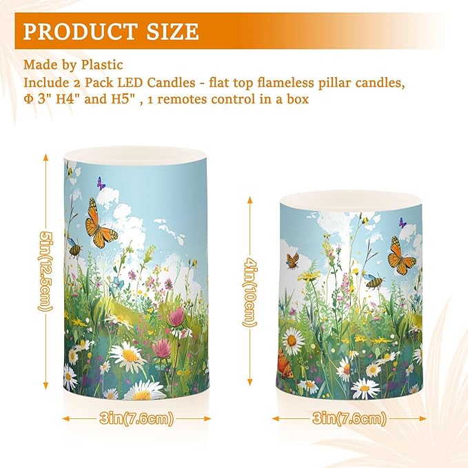 Doodle Flower and Butterfly Pattern Flameless Candles Color Changing LED Candles with Remote Control Battery Candles for Outdoor and Indoor Home and Room Decoration, 3'' x 4''/5'' Set of 2 Piece