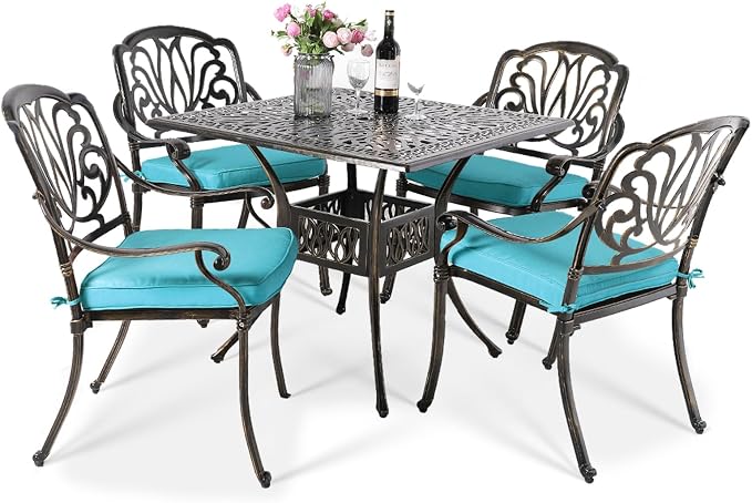VIVIJASON 5-Piece Outdoor Patio Dining Set, All-Weather Cast Aluminum Conversation Set, Patio Furniture Set Include 4 Cushioned Chairs, a 35.4" Square Table w/Umbrella Hole, Ocean Blue Cushion