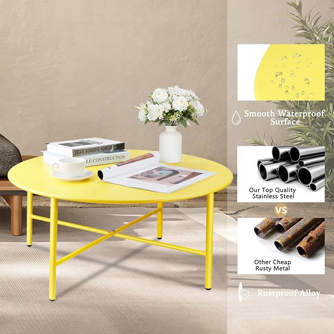 Patio Round Steel Patio Coffee Table, Weather Resistant Anti-Rust and Waterproof Indoor and Outdoor Large Side Table, for Garden Living Room Bedroom Balcony（Yellow）