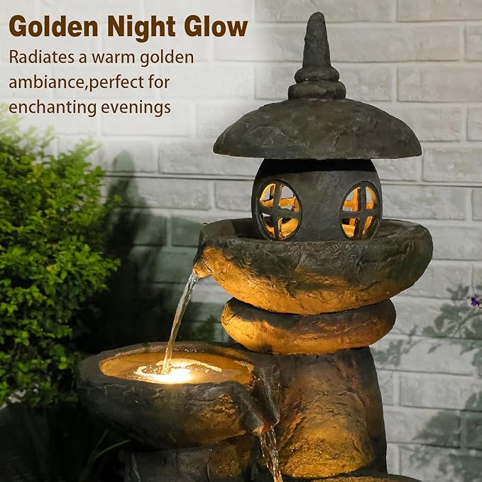 31.5" H Imitation Rock Pagoda Design Outdoor&Indoor Cascading Water Fountain, Natural Zen Decor Waterfall with LED Lights - Suitable for Garden, Patio, Yard, Deck, Balcony and Home Art Decor