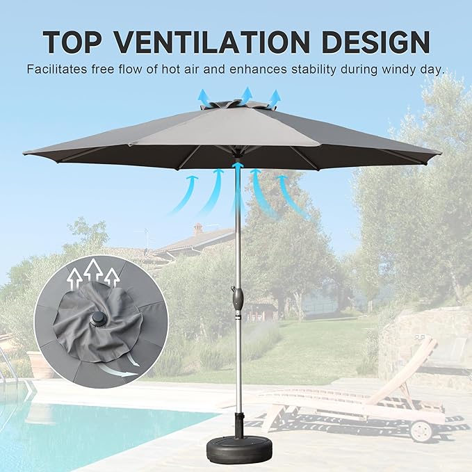 Domi 9FT Patio Umbrella Outdoor Market Umbrella with Silver Aluminum Pole, UV Resistant Canopy, Wind Vent, Tilt & Crank System, Perfect for Patio, Garden, Deck, Pool, Outdoor Dining, Gray