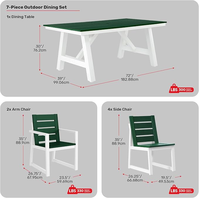Costaelm Stinson 7-Piece Outdoor HDPE Patio Dining Table Set with Umbrella Hole & Dining Chairs for 6, Dark Green