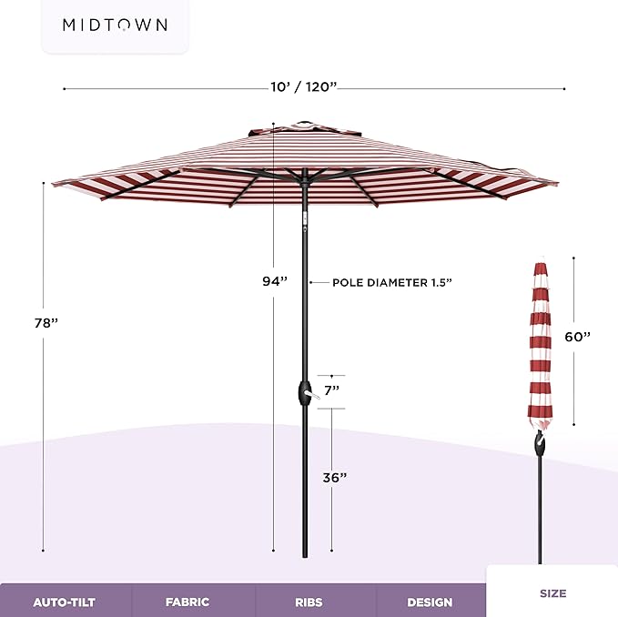 Midtown Umbrellas - 10-Year-No-Fade 10 Ft Patio Umbrella with Terylast Fabric, Auto-Tilt Aluminum Frame and 8 Reinforced Ribs for Deck, Pool, Garden & Beach - Red/White Stripes Canopy, Black Pole