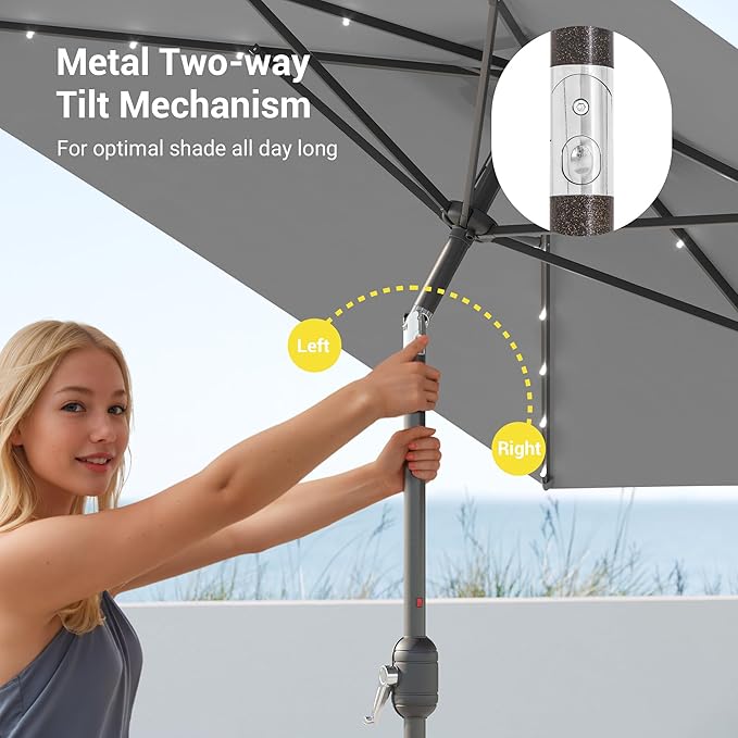 Rectangle Patio Umbrella with Solar Lights, 10 x 6.5ft Rectangular Outdoor Umbrella Table Market Patio Umbrella with Push Button Tilt and Crank for Garden, Deck, Backyard, Pool