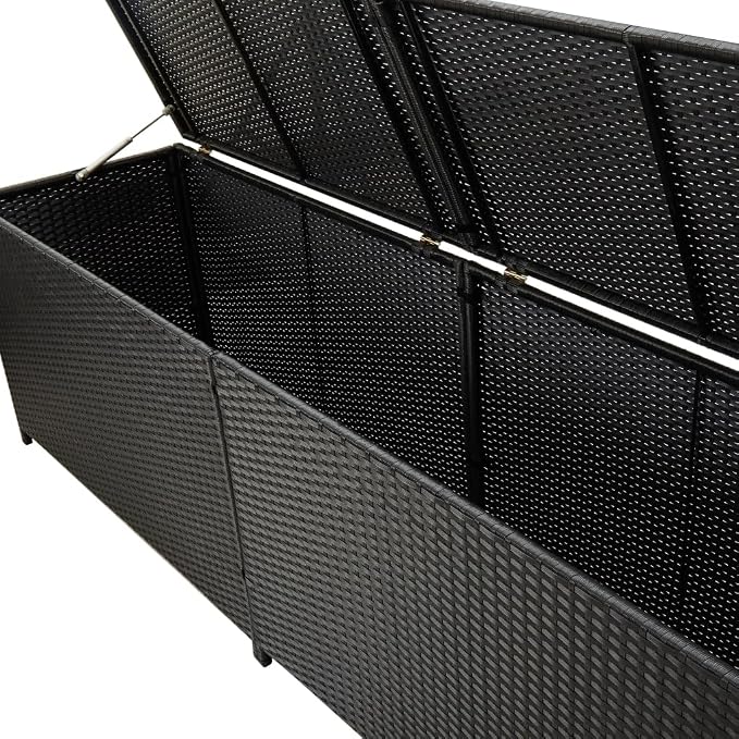 Large Black Poly Rattan Outdoor Storage Box with Powder-Coated Steel Frame for Patio, Deck, Garden Organizing Cushions Pillows
